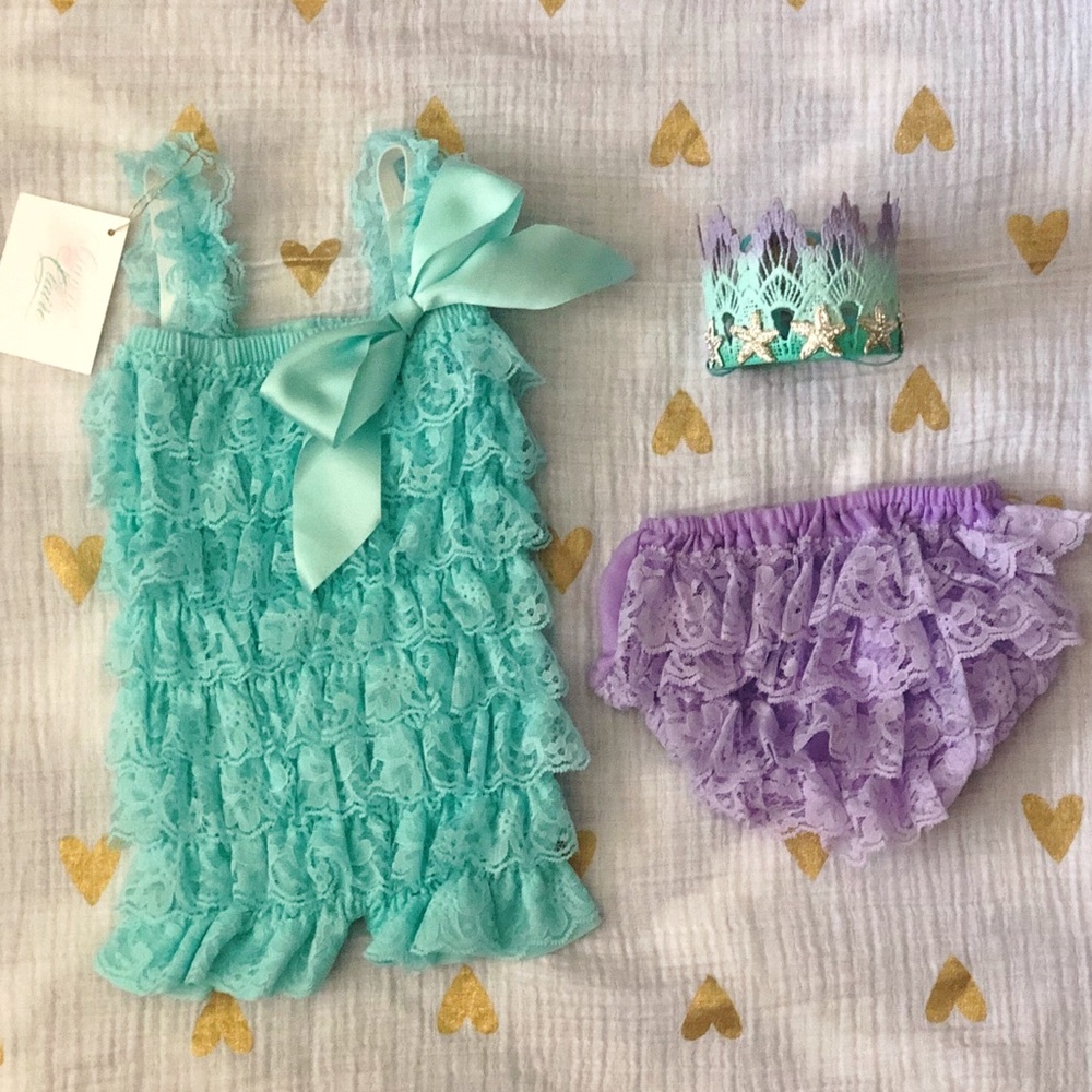 Ruffly jumpsuit and ruffly bloomers and crown